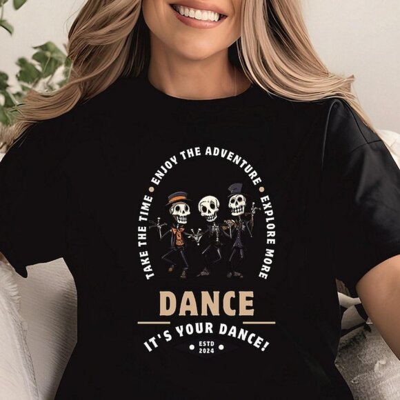 Genias Other - Dance Skeleton T-Shirt, Halloween Tee, Spooky Shirt, Gothic Apparel, Festive Top